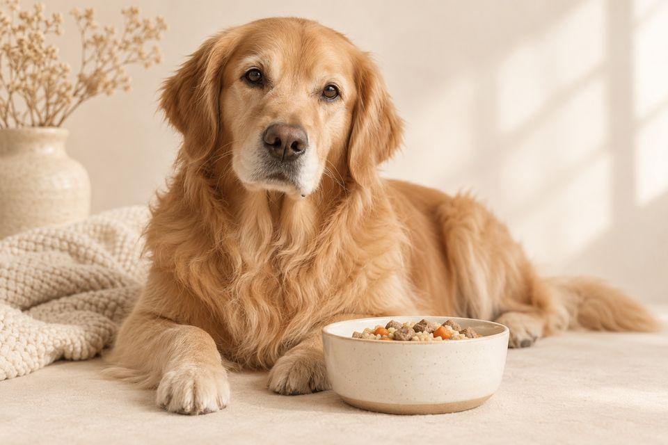 一只安静的金毛趴在鲜食碗旁——吃饭不改变性格