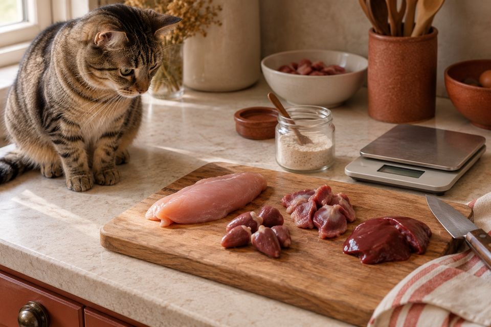 一只虎斑猫看着砧板上的自制猫饭食材：鸡胸、鸡心、鸡胗和肝脏，旁边放着厨房秤和骨粉。
