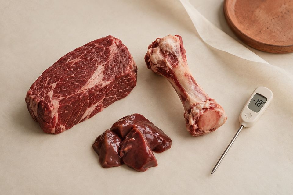 新鲜牛肉、带肉骨与内脏置于暖色纸上，探针温度计显示 -18°C——生骨肉安全靠做法